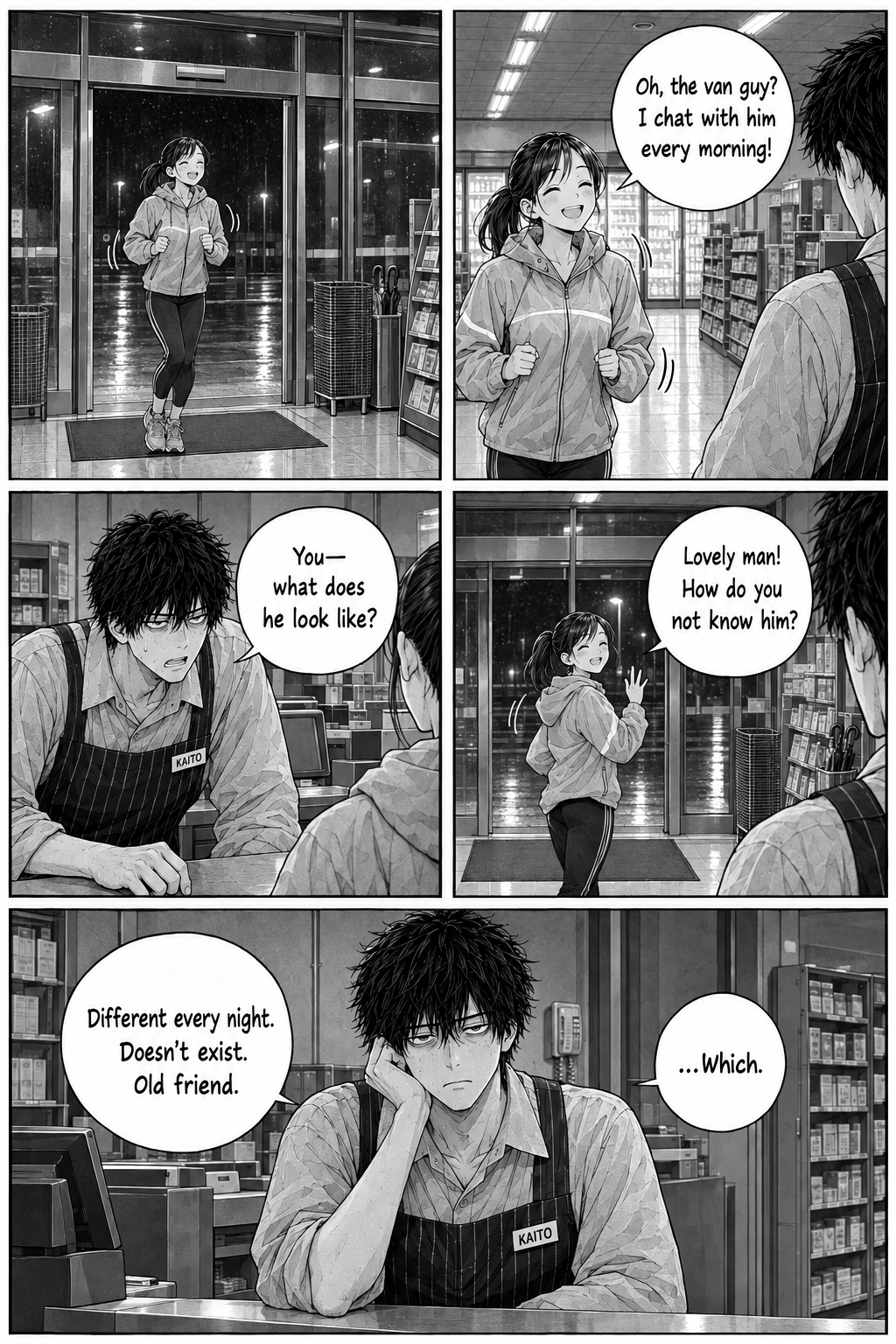 Five panels: a cheerful jogger bounces in and says she chats with the van driver every morning; Kaito, almost desperate, asks what he looks like; she breezes out unhelpfully, leaving three contradictory answers.
