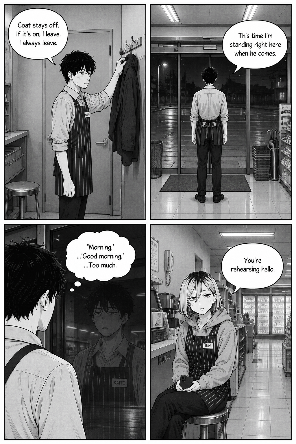 Four panels: Kaito deliberately hangs his coat on the hook so he can't reflexively leave, stations himself facing the doors, and rehearses a greeting to his reflection; Rin notes he's rehearsing hello.