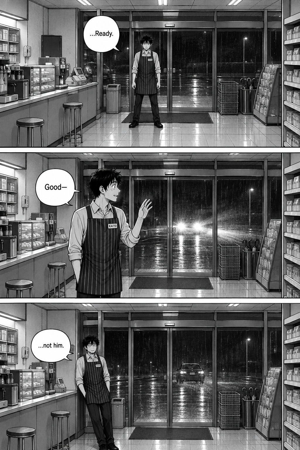 Three panels: Kaito stands braced and ready at the sliding doors; bright headlights sweep and he starts to raise a hand in greeting, but it's only a passing car and the kerb is empty, and he sinks in the worst deflation of the night.