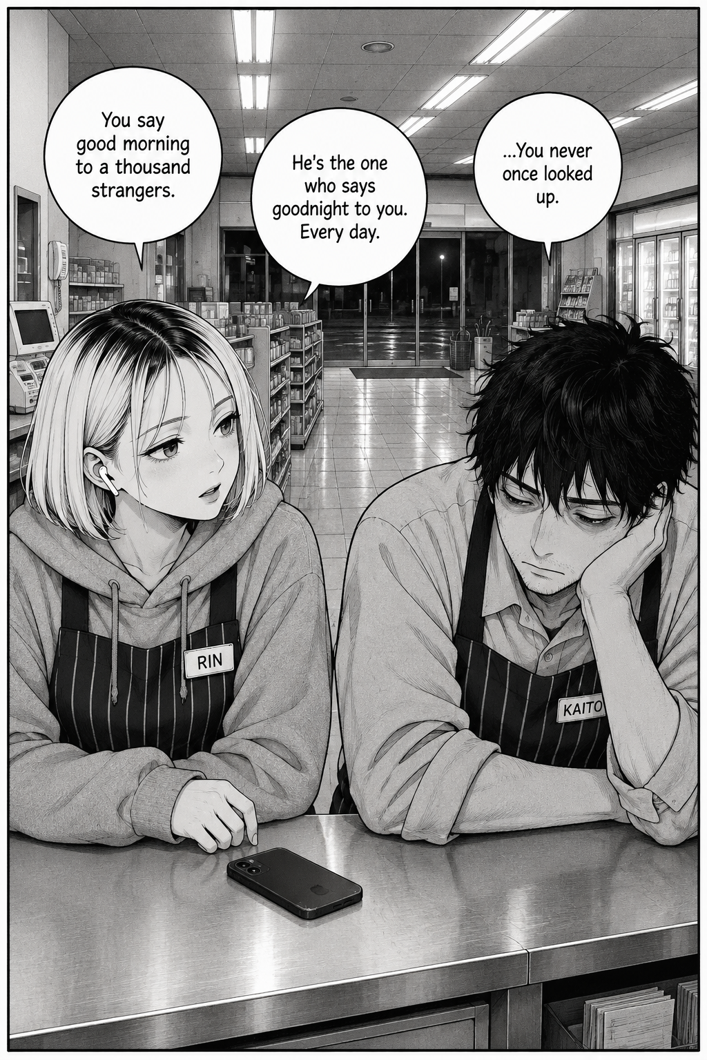 A single close panel: Rin has set her phone face-down on the counter and looks plainly at a slumped, spent Kaito, telling him this driver is the one person who says goodnight to him every day and he never looked up.