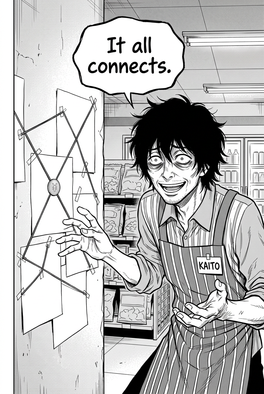 Kaito presents a blank conspiracy map with the coin taped to it, his exhausted certainty making the empty evidence board funnier.