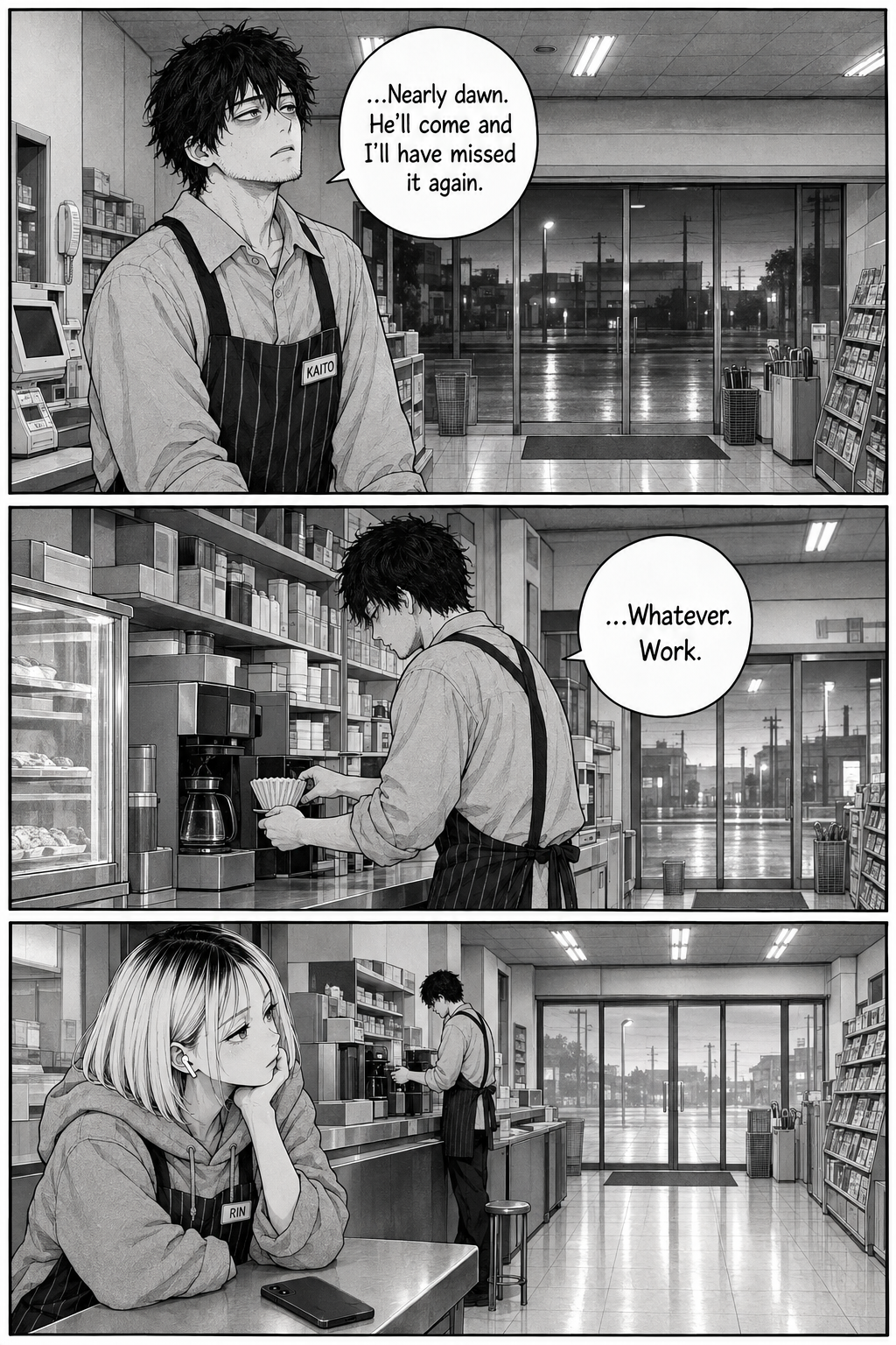 Three panels: near dawn the sky greys; Kaito, hollow, gives up watching the kerb and simply returns to work, refilling the coffee machine; Rin quietly watches him not-watch the door.