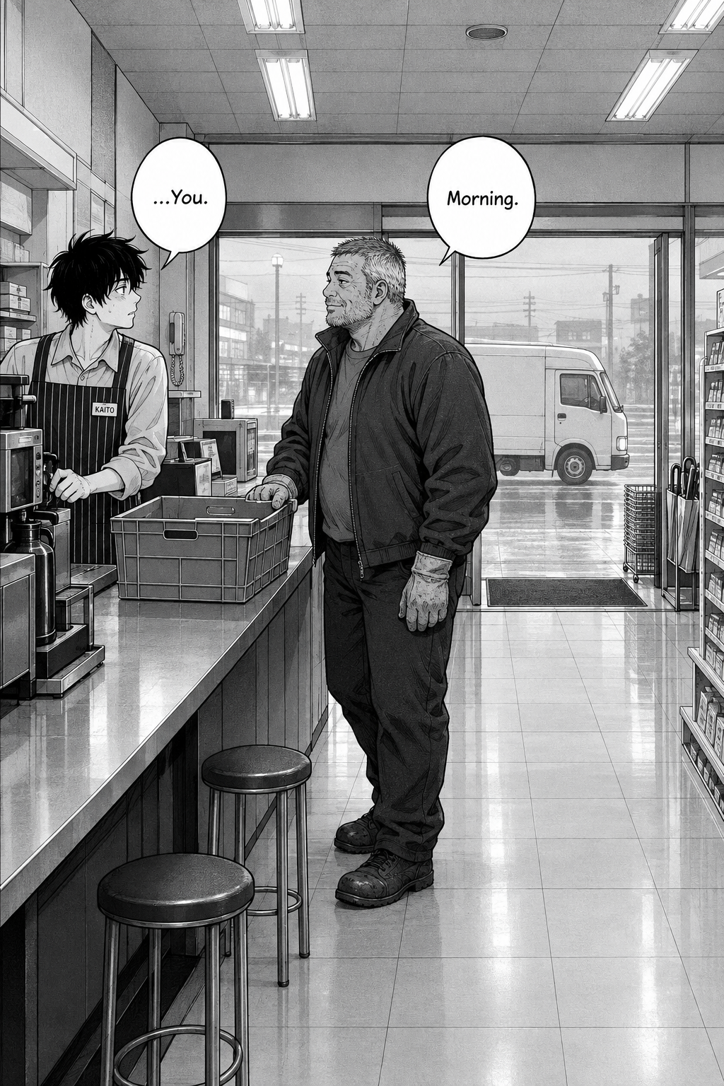 Splash panel in flat grey dawn: the sliding doors are open, a grey delivery crate sits newly set on the counter, and the big, iron-grey driver stands there. Kaito, still at the counter, looks up and sees his face for the first time. A white van waits at the kerb.