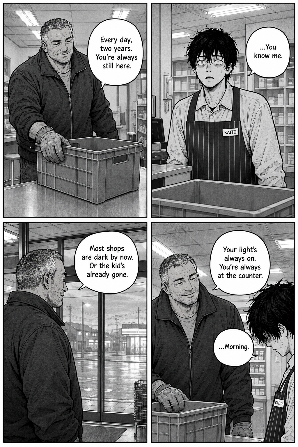 Four panels: the driver settles the crate and tells Kaito he's here every day and always still at the counter; most shops are dark or the clerk's gone by now, but Kaito's light is always on. Kaito, floored, manages 'Morning.'