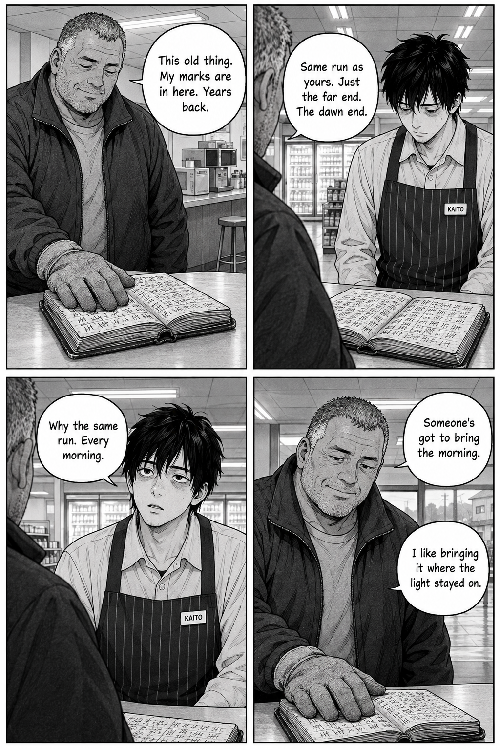 Four panels: the driver rests a gloved hand on the open logbook and says his marks are in it, years back — the same run as Kaito's, just the dawn end. Kaito asks why the same run; Tetsu says someone has to bring the morning, and he likes bringing it where the light stayed on.