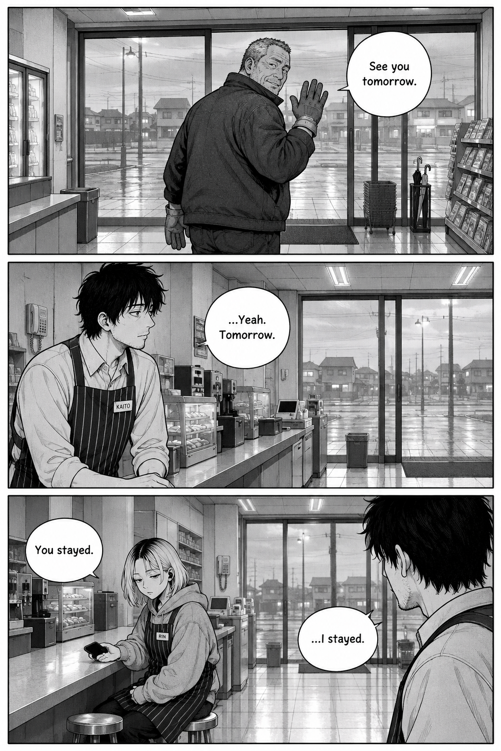 Three panels: the driver waves and heads for the open doors, saying 'See you tomorrow'; Kaito, for once, does not reach for his coat but stays at the counter; Rin quietly notes 'You stayed,' and Kaito answers 'I stayed.'