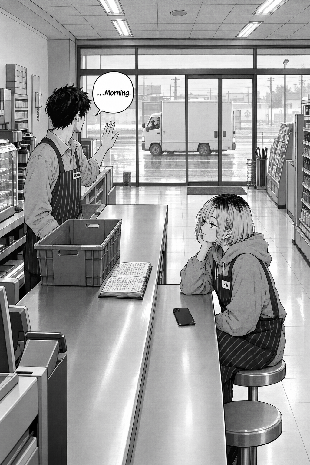 Final splash mirroring page one, now in flat grey dawn: the delivery crate and open logbook on the counter, Kaito still there behind it lifting a hand as the white van pulls away with the driver waving, Rin on her stool with her phone face-down and the faintest almost-smile.