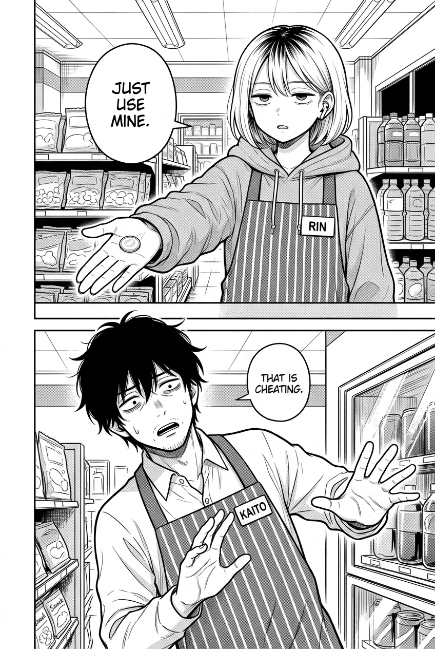 Rin offers one of her own coins as a simple replacement while Kaito recoils as though she has proposed a moral crime.