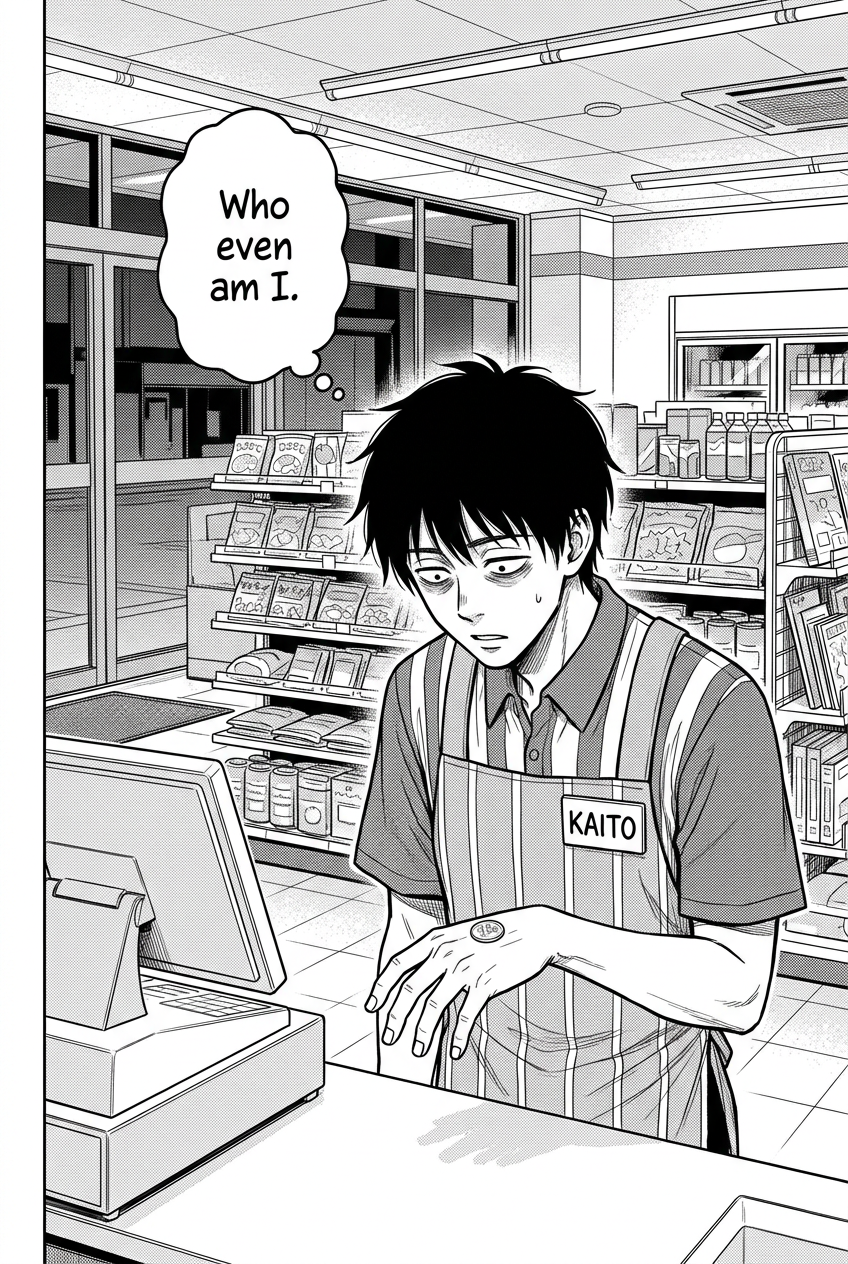 Kaito slumps at the register with the coin balanced on his hand, hollow-eyed and defeated by his own ridiculous standards.