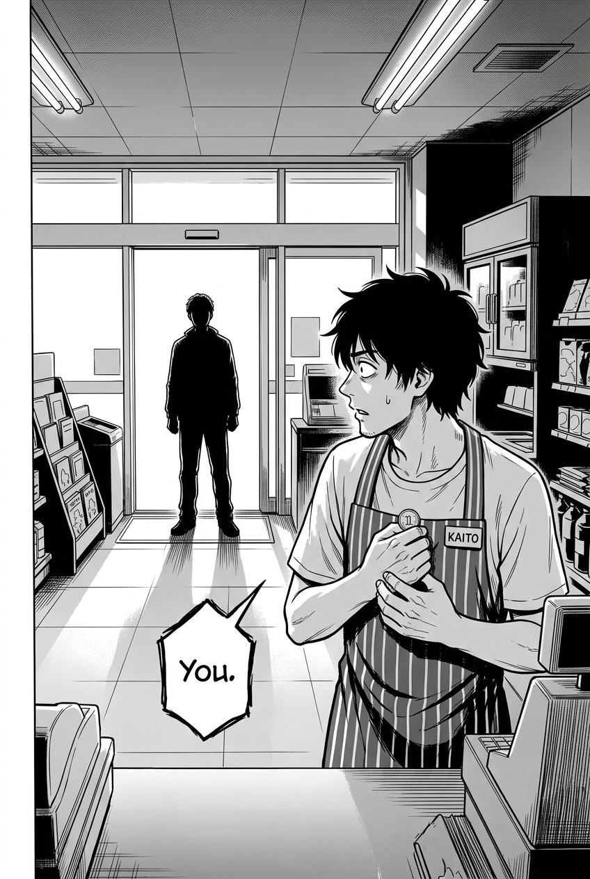 Dawn light enters as the same customer returns, and Kaito clutches the coin with sudden recognition.