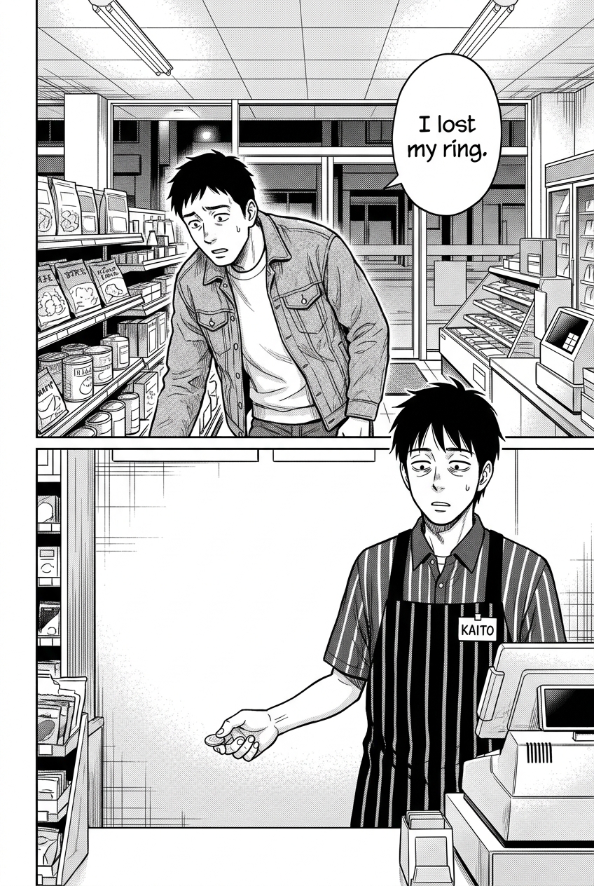 The returning customer searches anxiously for a lost ring, ignoring the coin Kaito is trying to return.
