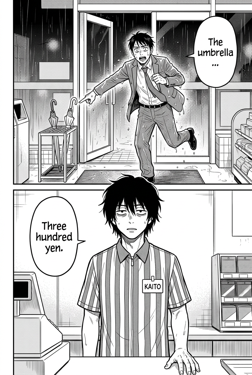 A man in a suit, soaked with rain, dashes through a glass door and points at an umbrella stand, while a store clerk with messy black hair and a name tag reading "KAITO" stands behind a register with a deadpan expression.