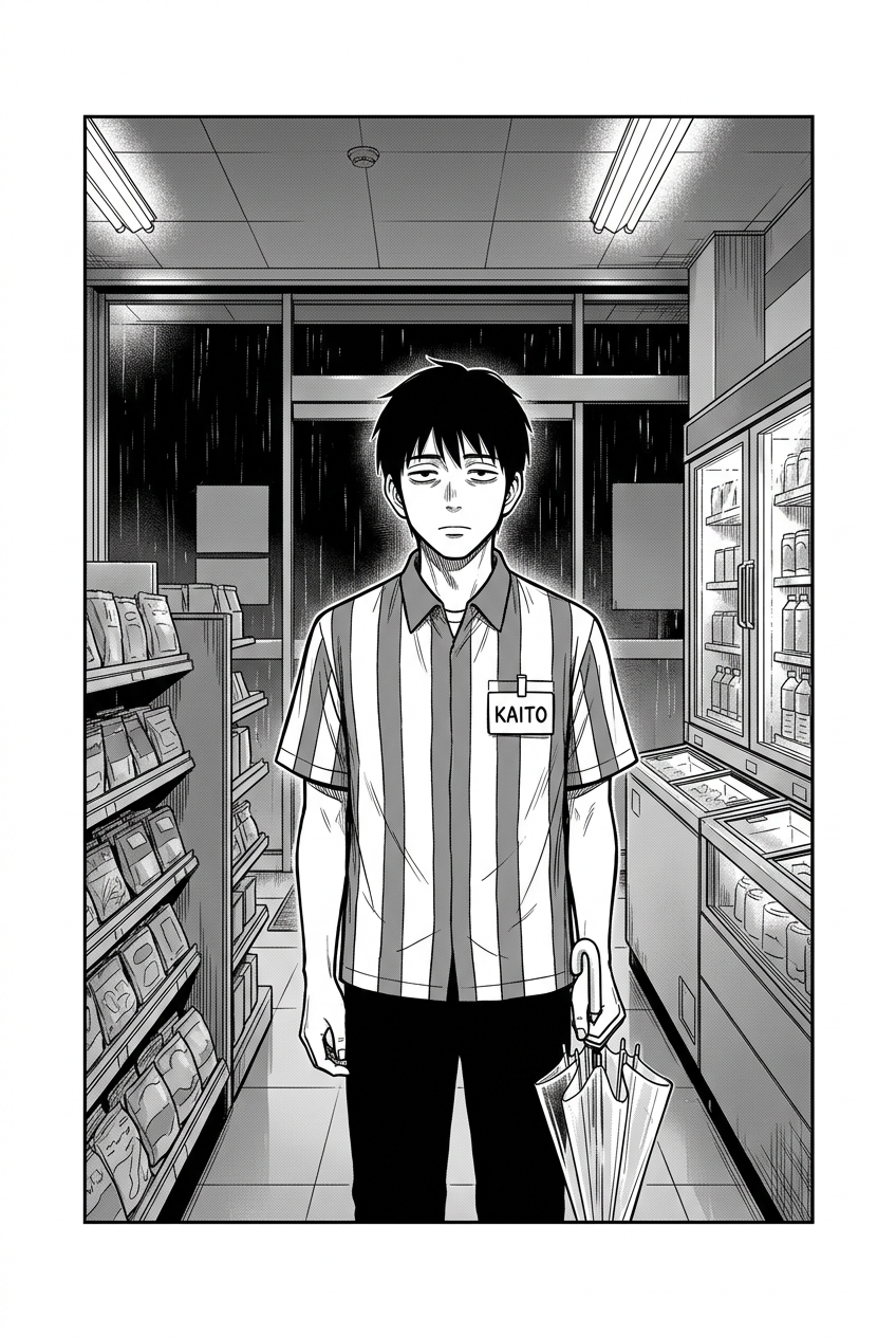 Kaito stands centered in a convenience store, holding a transparent umbrella, with shelves of products to his left, refrigerators to his right, and a rainy street visible through the glass doors behind him.