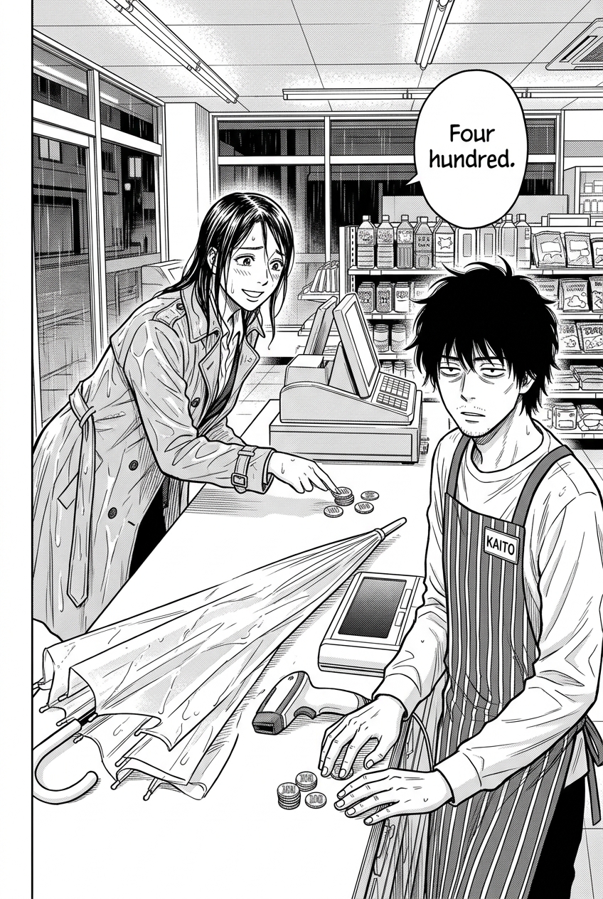 A woman with wet hair and a trench coat smiles and slides coins across a counter toward a man with messy hair and an apron that says KAITO, who looks at the coins with a deadpan expression.