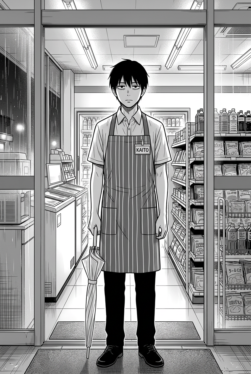 Kaito stands at the entrance of a convenience store, facing forward with a neutral expression, holding a closed umbrella in his right hand, while the store interior with shelves of products and a rainy night outside are visible behind him.