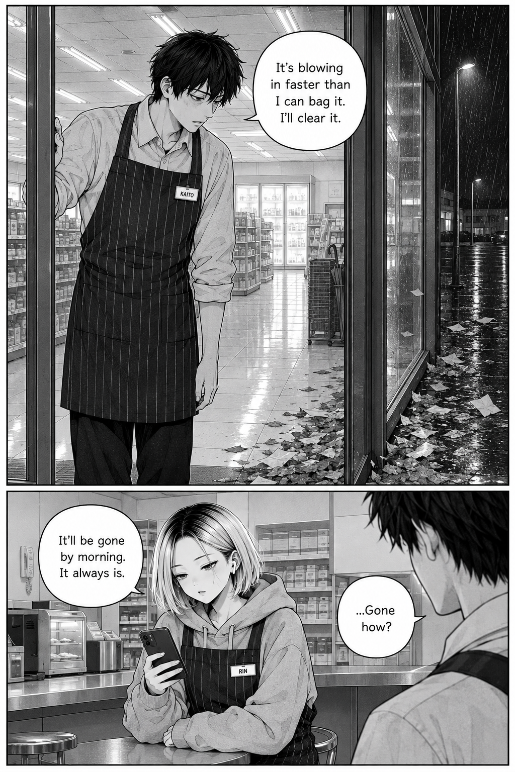Kaito frowns down at leaves and litter piled against the outside of the store's glass doors; at the counter, Rin looks at her phone without glancing up.