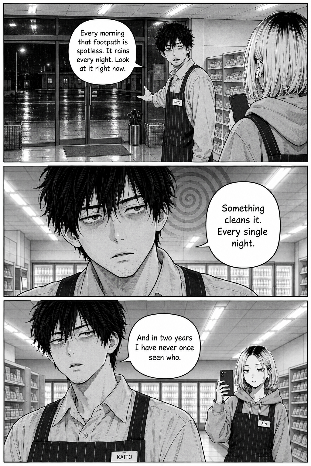 Three panels of Kaito realizing the footpath is always clean by dawn; he grows uneasy while Rin films him.