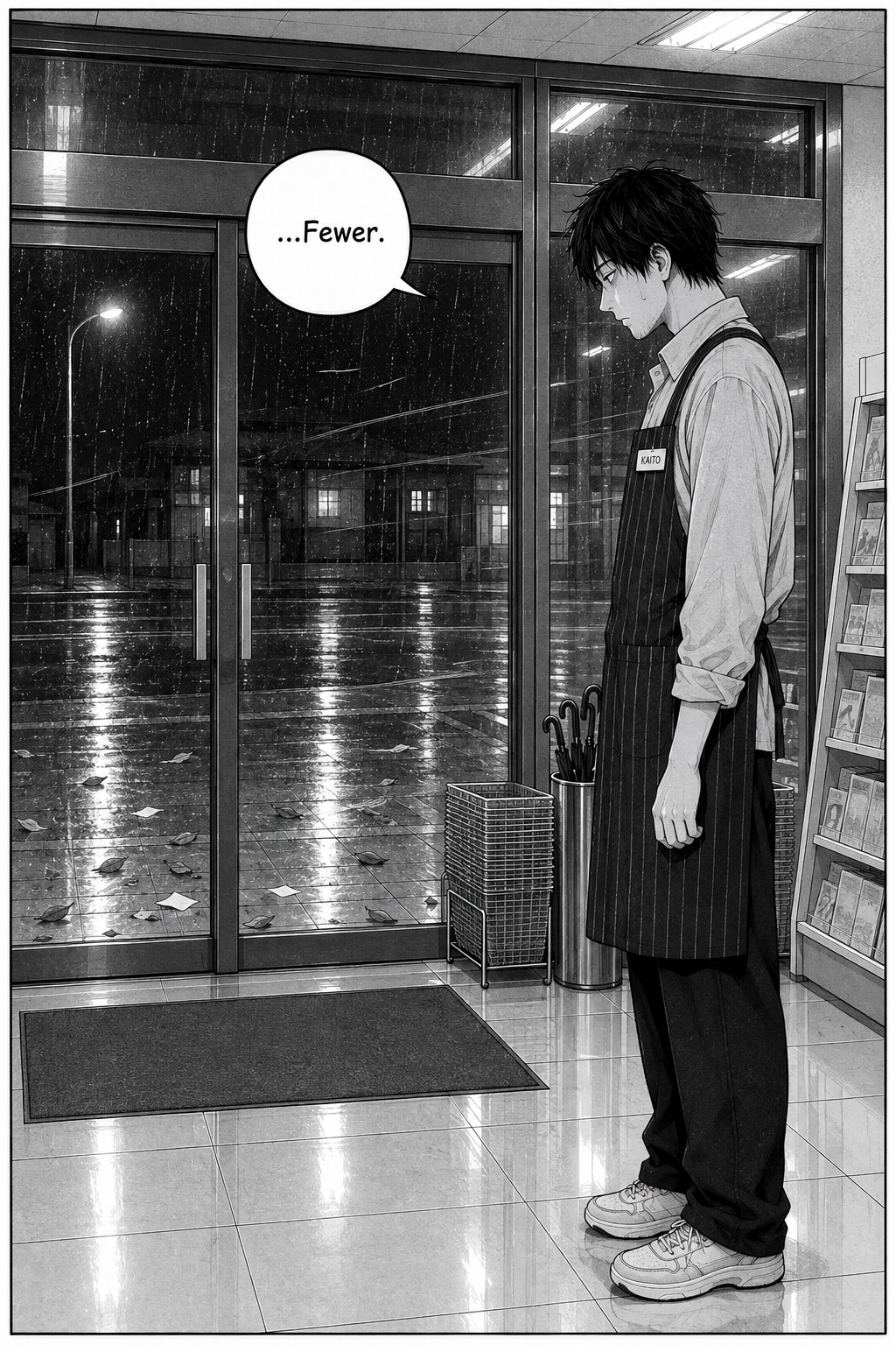Single panel: Kaito stands at the glass doors staring down at the litter, which is now noticeably smaller than before though the wind still blows.