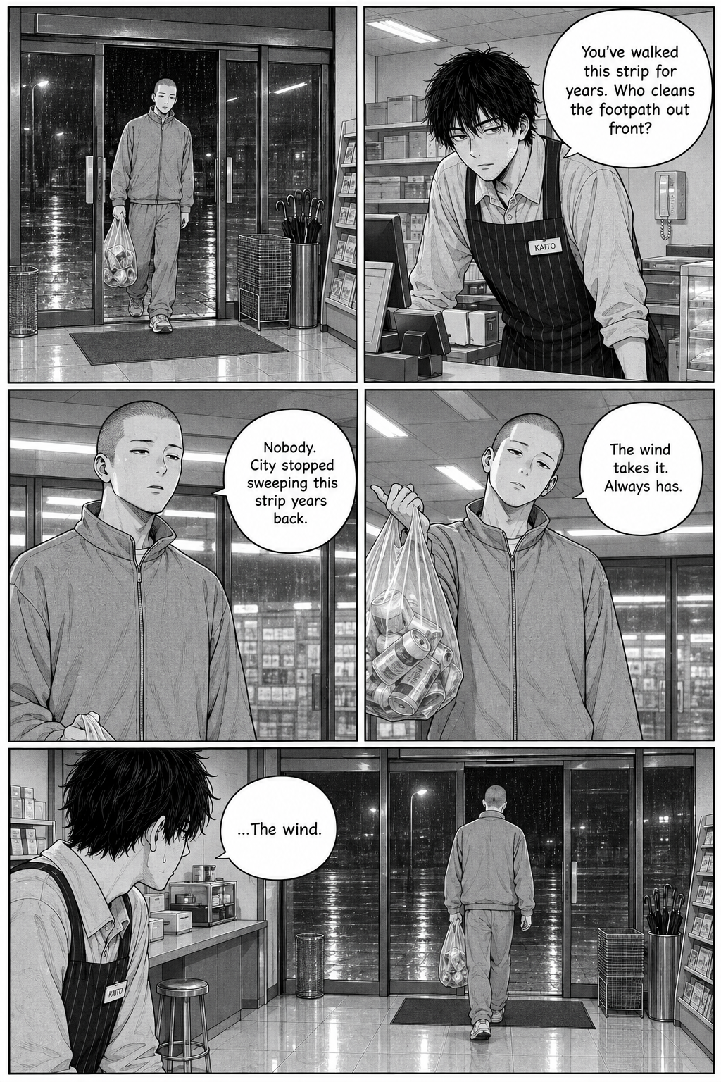 The tall shaven-headed tracksuit regular with a clear bag of cans tells Kaito nobody cleans the street; Kaito looks unconvinced.
