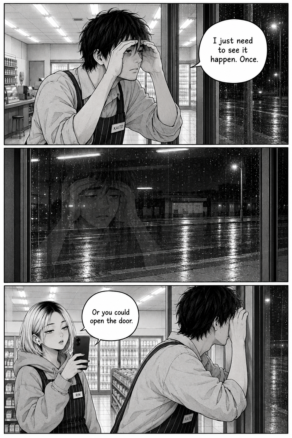 Three panels: Kaito presses his face to the dark window trying to catch the cleaner in the act while Rin films and suggests he just open the door.