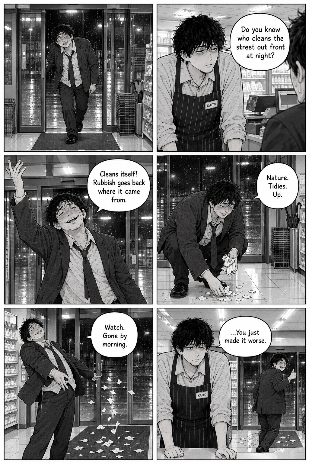 Six panels: a drunk salaryman insists rubbish tidies itself, then scatters a handful of scraps on the floor; Kaito stares flatly at the new mess.