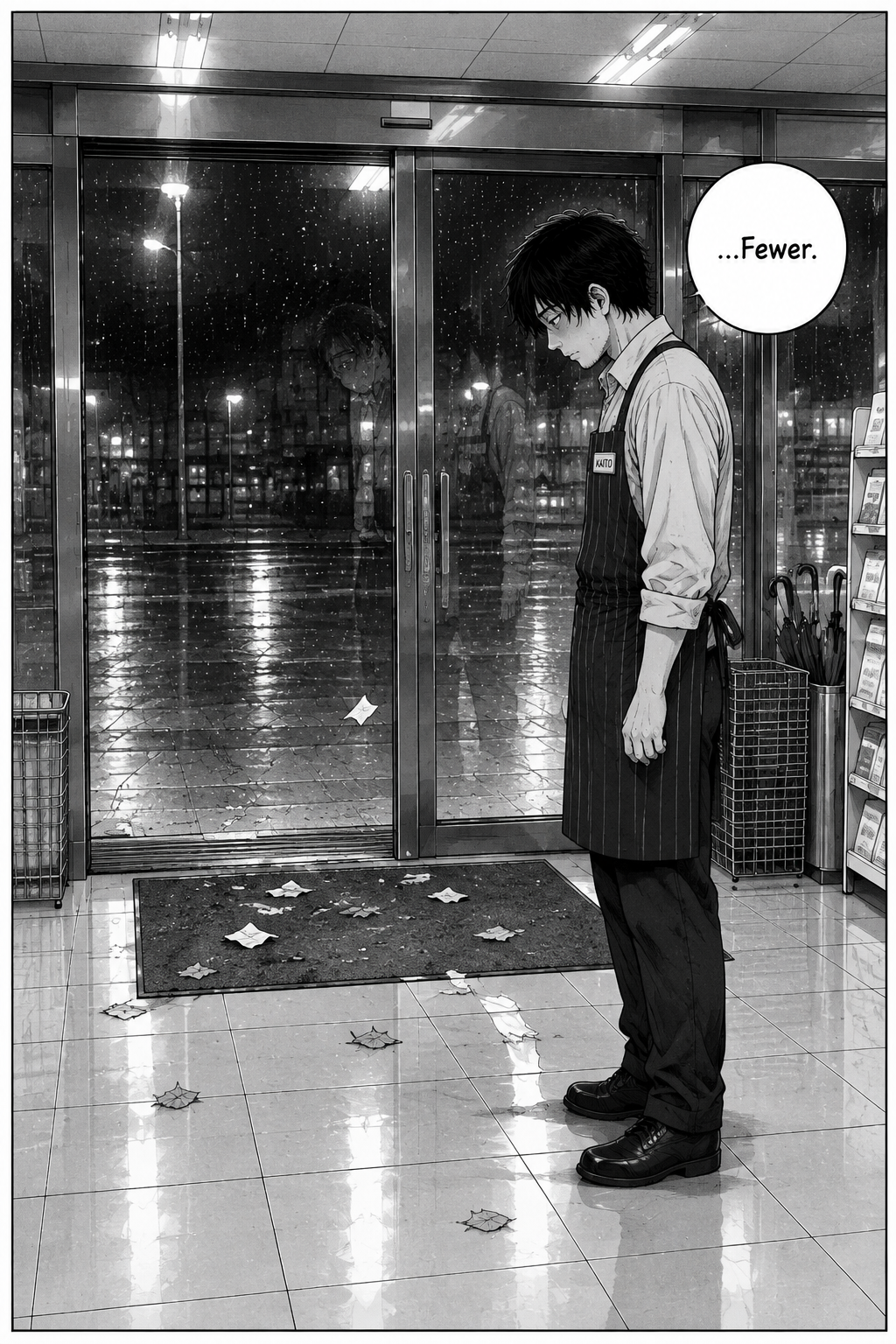Single panel: Kaito again at the glass doors, the litter now half gone though the wind still blows.