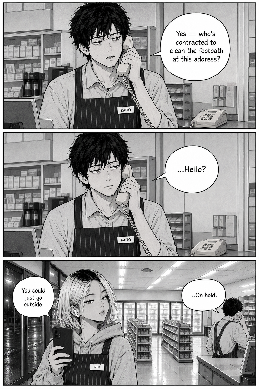 Three panels: Kaito on the store's beige landline on hold with head office; Rin films and tells him to just go outside.