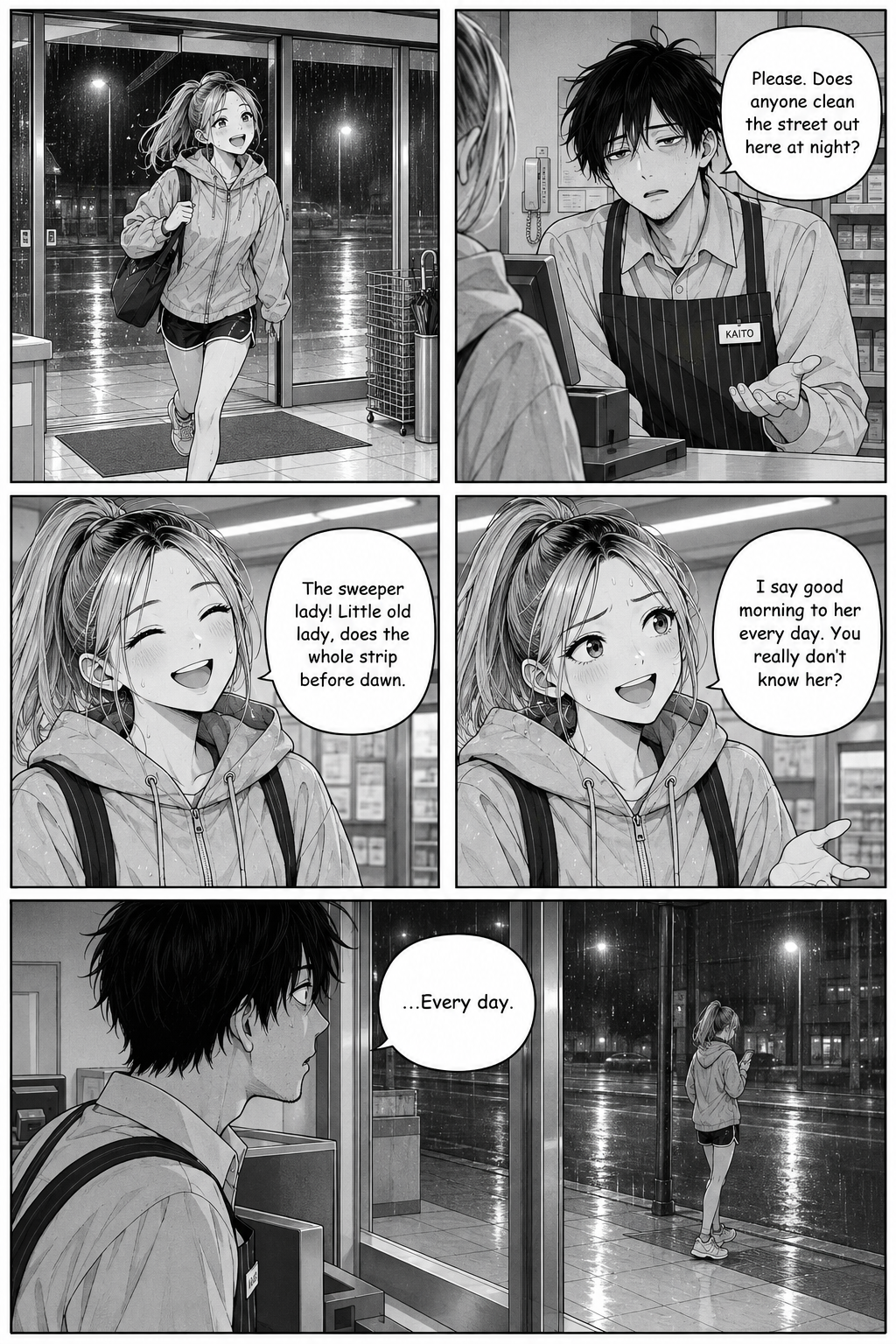 Five panels: a cheerful jogger tells Kaito about the sweeper lady she greets every morning; Kaito is stunned to hear of a person he's never noticed.