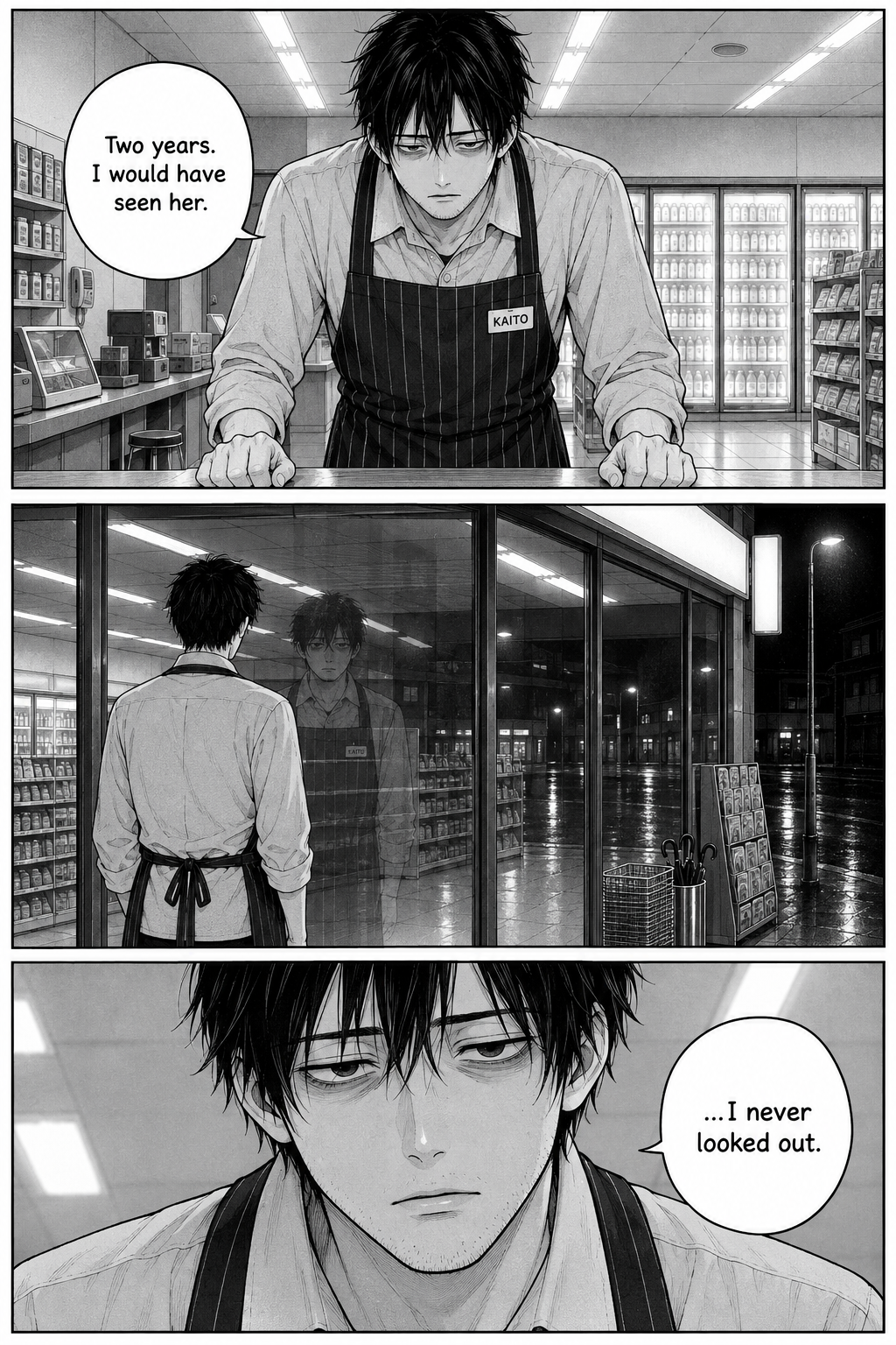 Three panels: Kaito insists he'd have seen her in two years, sees only his reflection in the night glass, and quietly admits he never looked out.