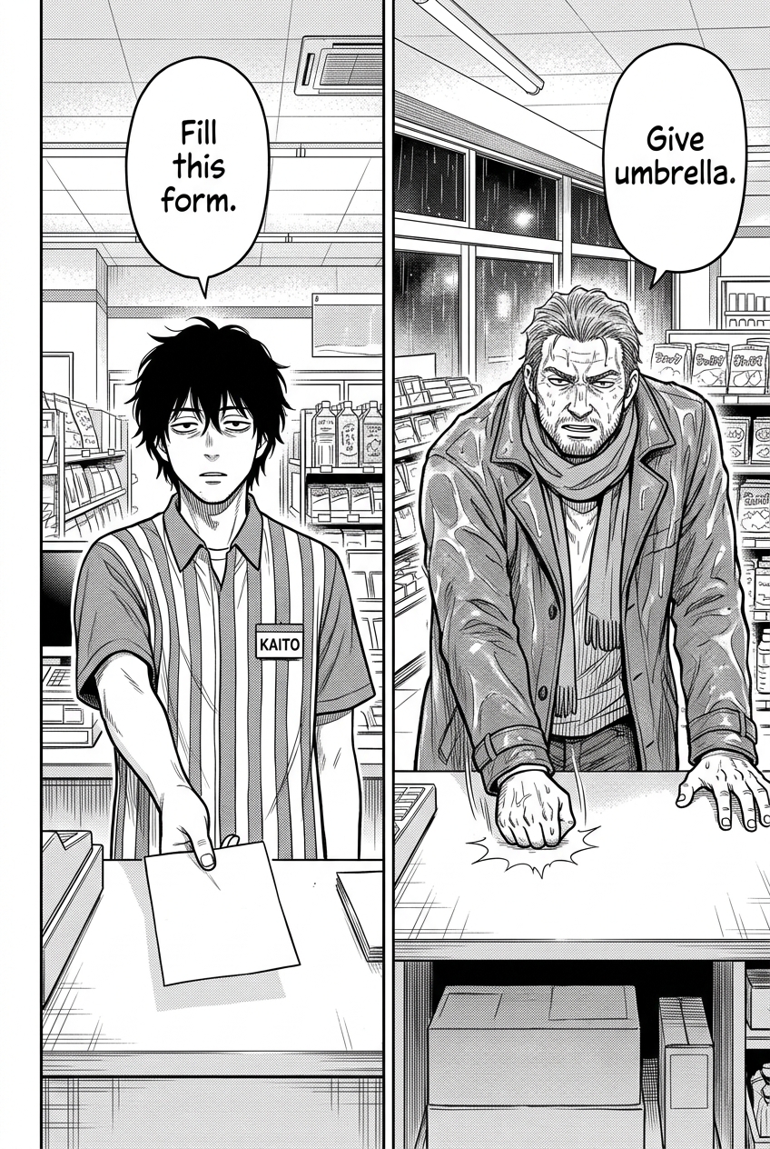 In two vertical panels, a scruffy, burly man in a wet coat, clenching his fist on a counter, demands an umbrella from a calm Kaito, who offers him a blank form in return.