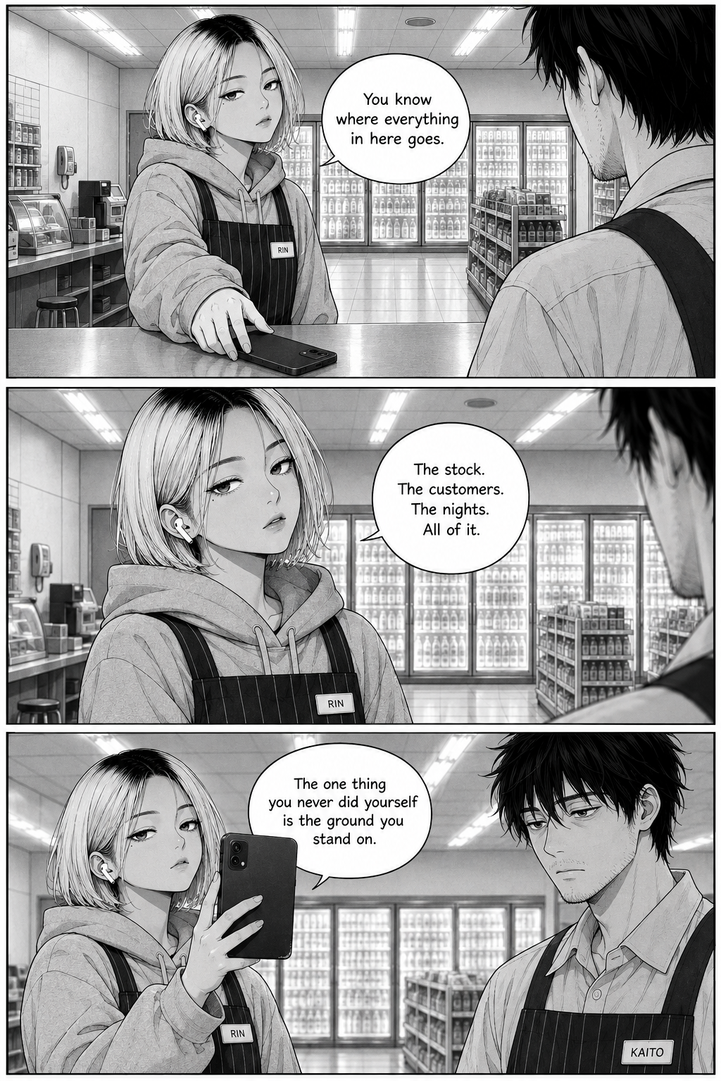 Three panels: Rin sets her phone face-down and tells Kaito the one thing he never did himself is the clean ground he stands on, then films him again.