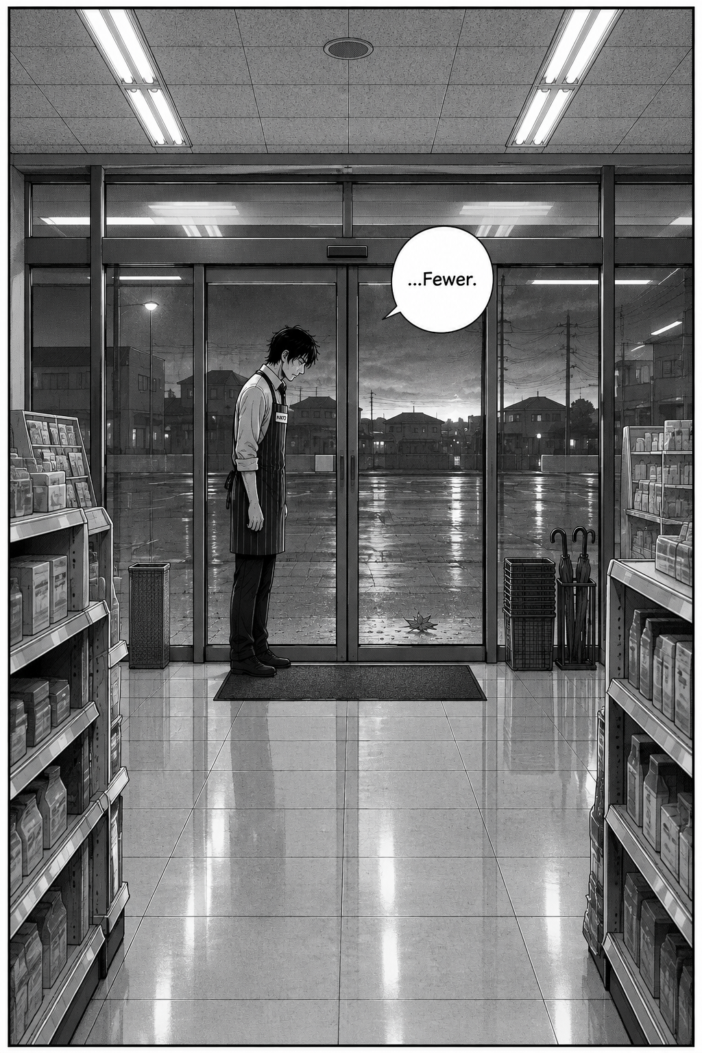Single panel: Kaito at the glass doors, the entrance nearly clean now with one wet leaf left, the sky beyond just starting to grey toward dawn.