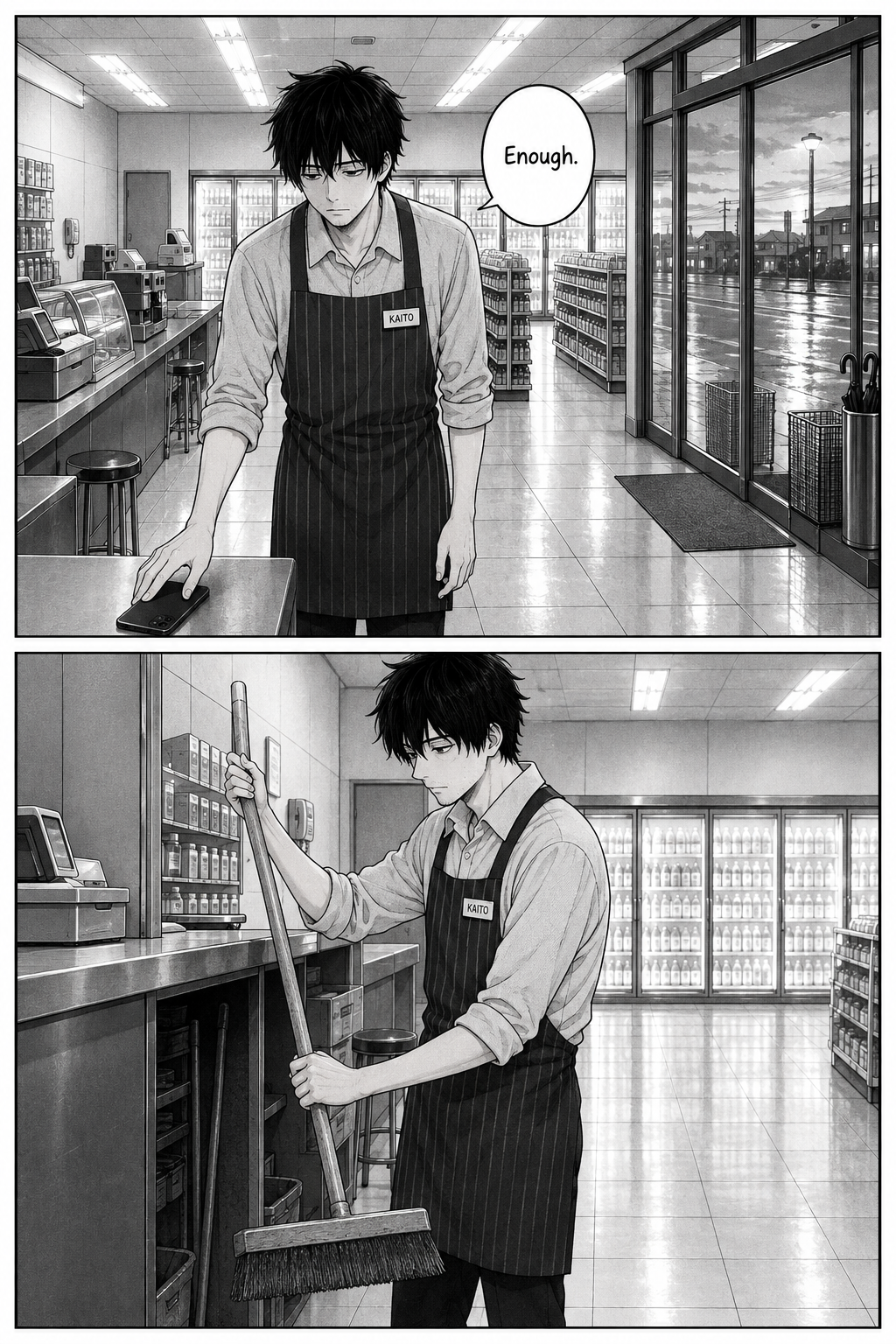 Two panels: Kaito sets down the phone as dawn approaches, then lifts a wide push-broom from behind the counter with quiet resolve.