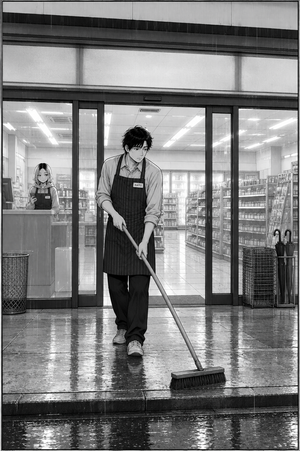 Single panel: Kaito steps out through the open sliding doors onto the wet footpath with the push-broom, crossing to the far side of his own glass for the first time at grey dawn.