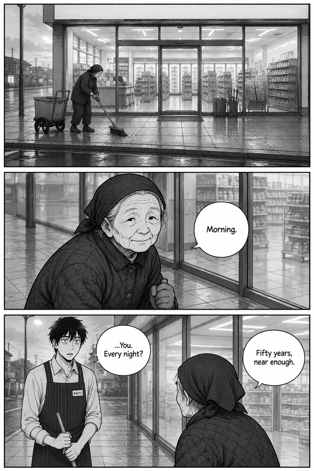 Three panels: an elderly stooped woman in a headscarf sweeps the footpath with a push-broom and cart; she greets Kaito mildly and says she has done this for fifty years.