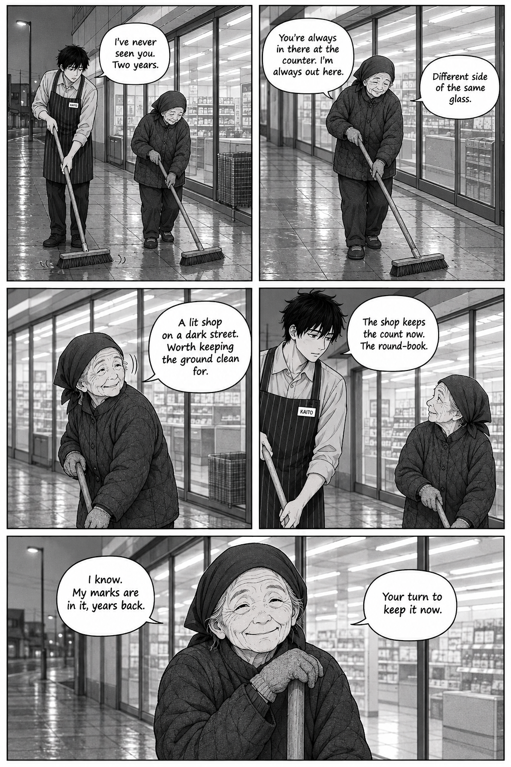 Five panels: Kaito sweeps clumsily beside Kiku at dawn; she says they work different sides of the same glass, that a lit shop is worth keeping clean, and that her marks are already in the strip's round-book.