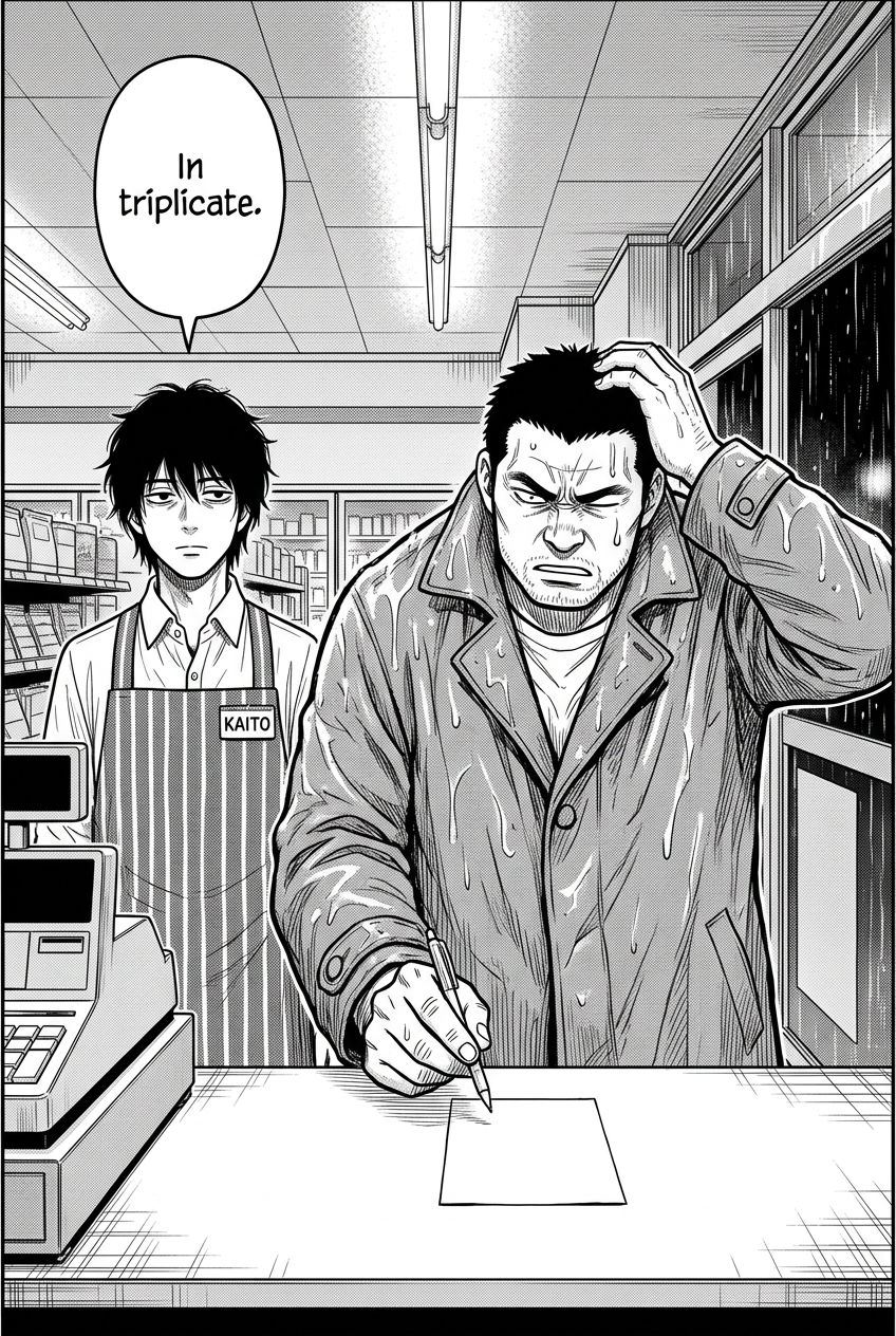 A man in a wet coat stands at a store counter, holding a small pen awkwardly over a blank piece of paper, with a sweat drop on his brow, looking confused, while Kaito stands behind the register with a calm expression. Kaito says, "In triplicate."