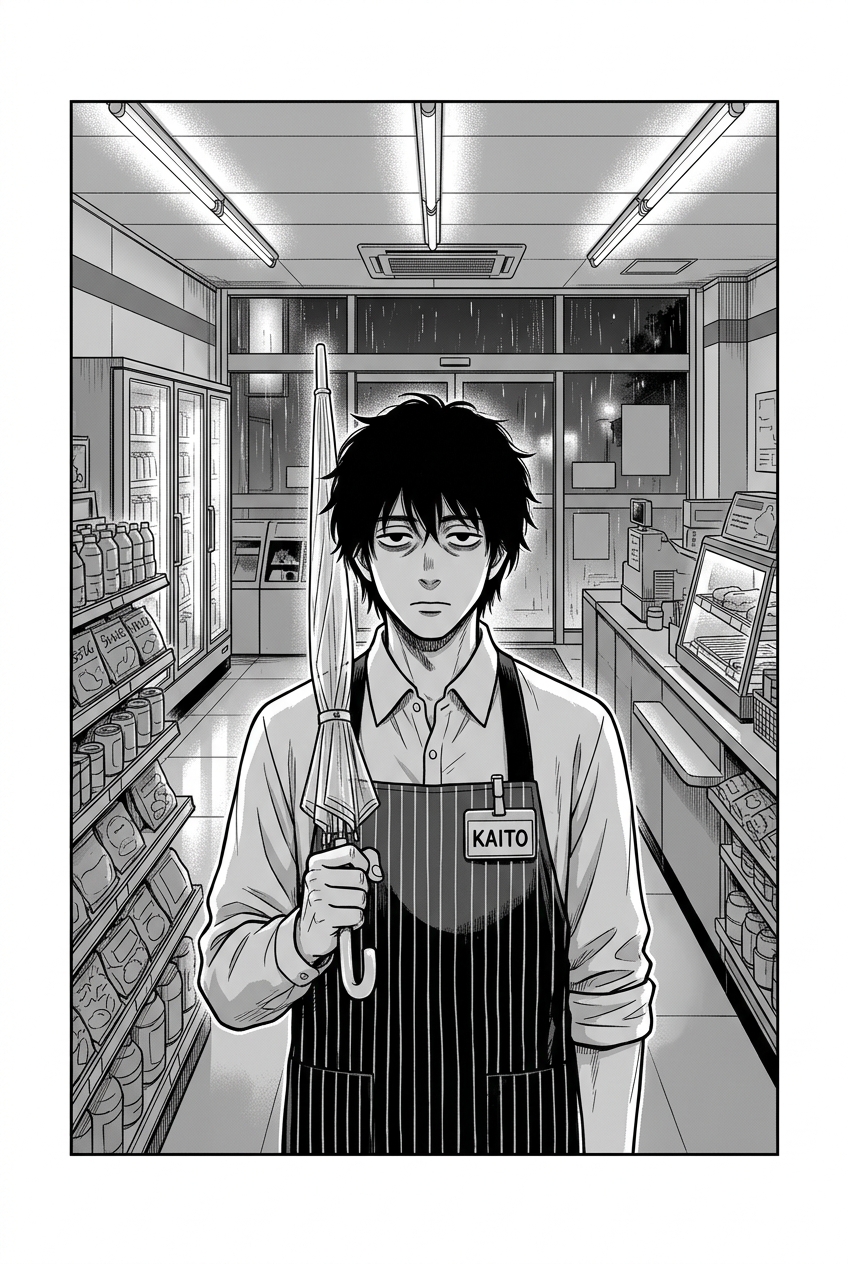 Kaito stands in the middle of a convenience store aisle, holding a folded clear umbrella, with a tired expression on his face.