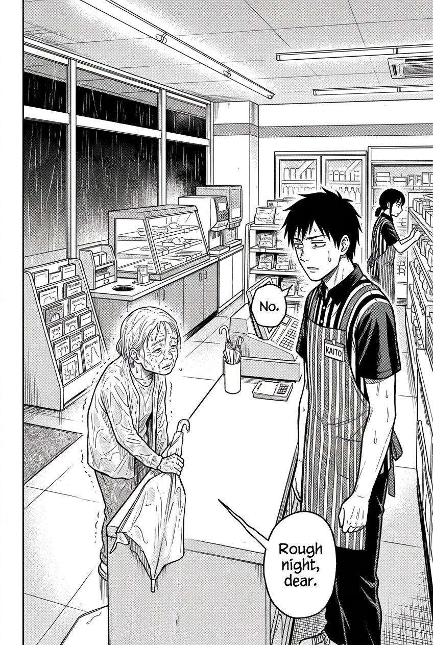 An elderly woman stands soaked and shivering at a store counter, holding a closed, wet umbrella, while Kaito, a male store clerk, looks down at her with a slightly worried expression.