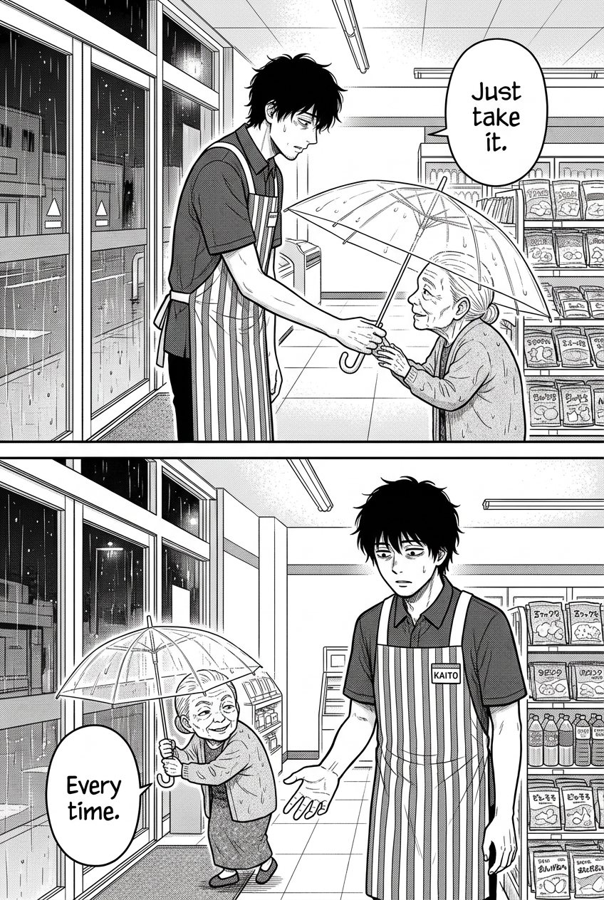 In two panels, Kaito, a store clerk, reluctantly offers a clear umbrella to a small elderly woman, who then grins slyly as she takes it and walks away, leaving Kaito looking dismayed.