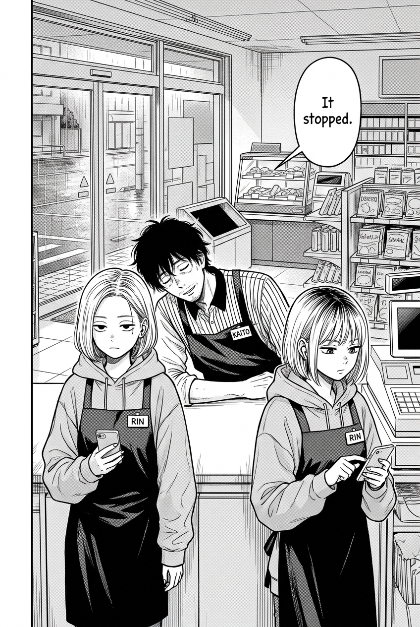 Kaito leans over the counter with his eyes closed and a faint smile, while two Rins stand beside him, each holding a phone, with a convenience store interior and the street outside visible in the background.