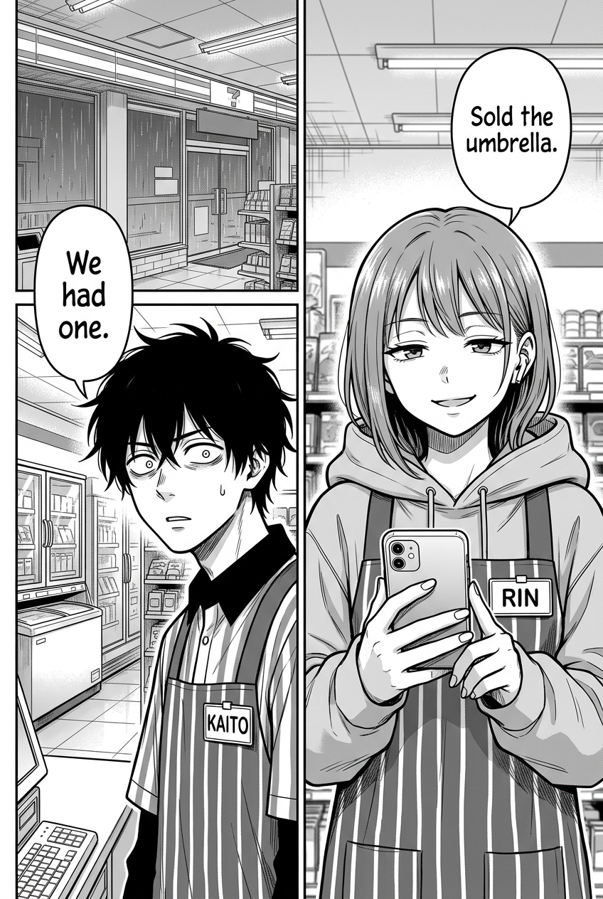 Kaito and Rin stand inside a store, both wearing aprons with vertical stripes. Kaito, on the left, has wide, distressed eyes and his mouth is slightly open. Rin, on the right, holds a phone, smirks slightly, and has a pleasant look on her face.