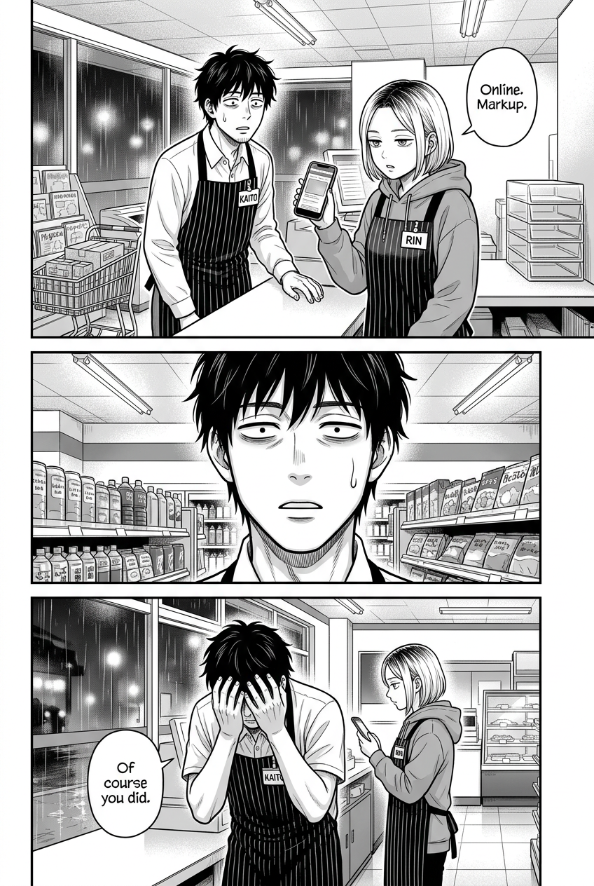 Kaito and Rin are working at a convenience store at night, Rin shows Kaito something on her phone, then Kaito looks distressed, and finally Kaito covers his face with his hands in defeat.
