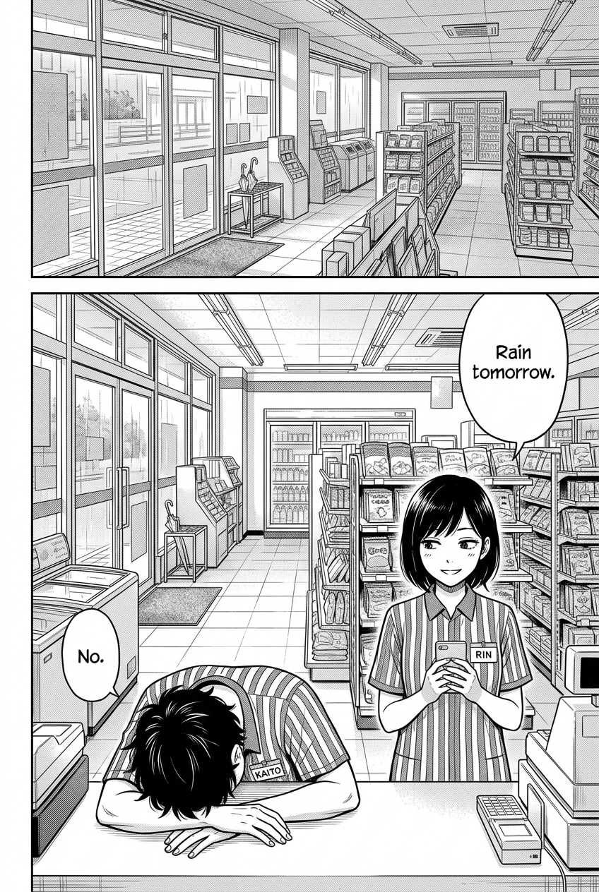 The interior of a convenience store shows the front door area and several aisles of merchandise, with a female clerk in a striped apron holding a phone smiling next to a male clerk in a matching apron who is face down on the counter.