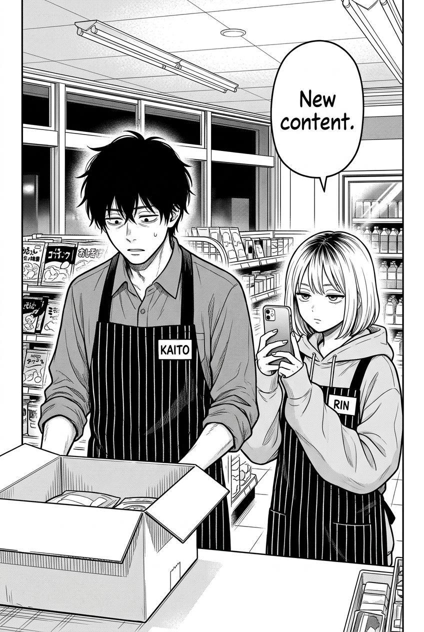 Kaito, a man with messy black hair and an apron, looks with a tired expression into an open cardboard box on a counter, while Rin, a young woman with a short light bob and an apron, stands beside him, holding a phone up to film him with a bored expression.