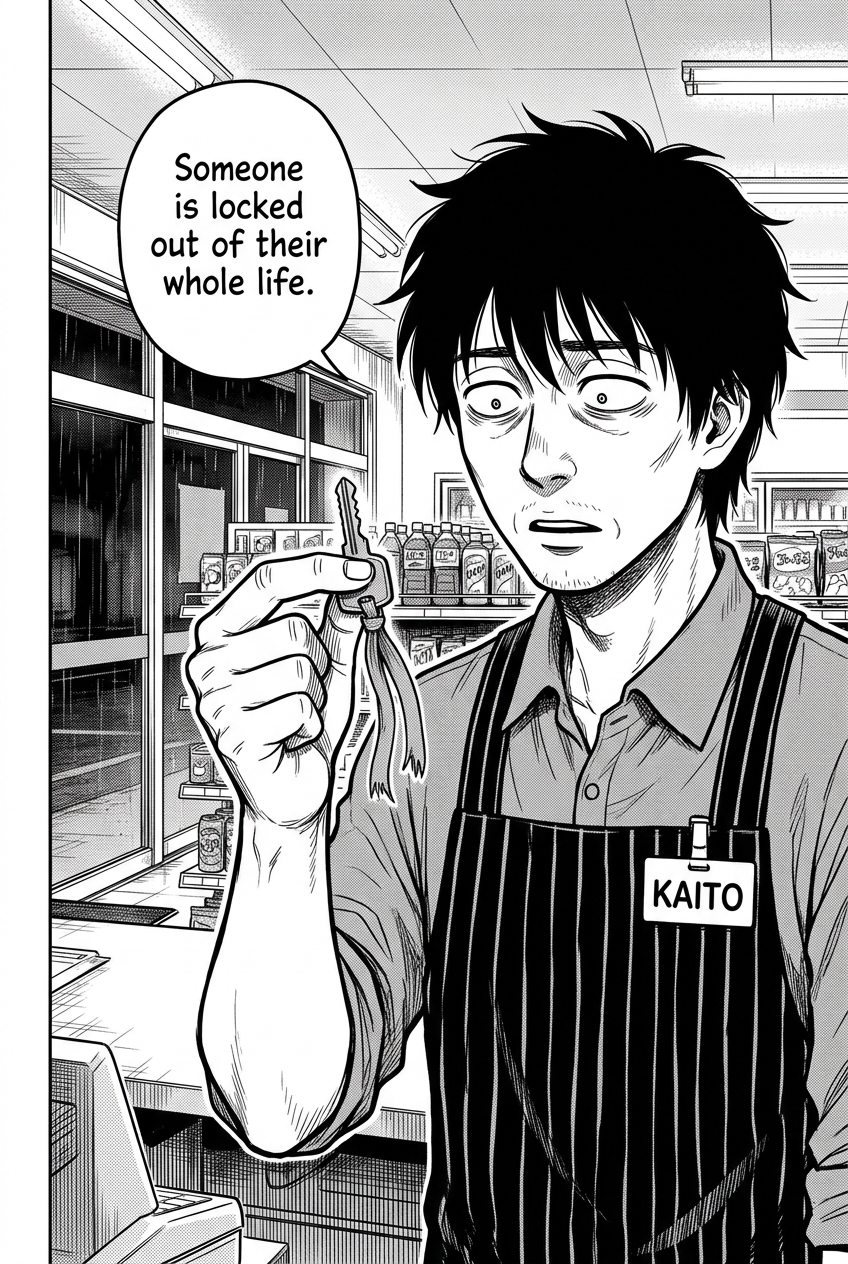 Kaito, a man with messy black hair and eyebags, wearing a striped apron with a "KAITO" name tag, holds up a single house key on a frayed ribbon between two fingers with a look of wide-eyed horror on his face, as he stands in a convenience store with shelves of products in the background.
