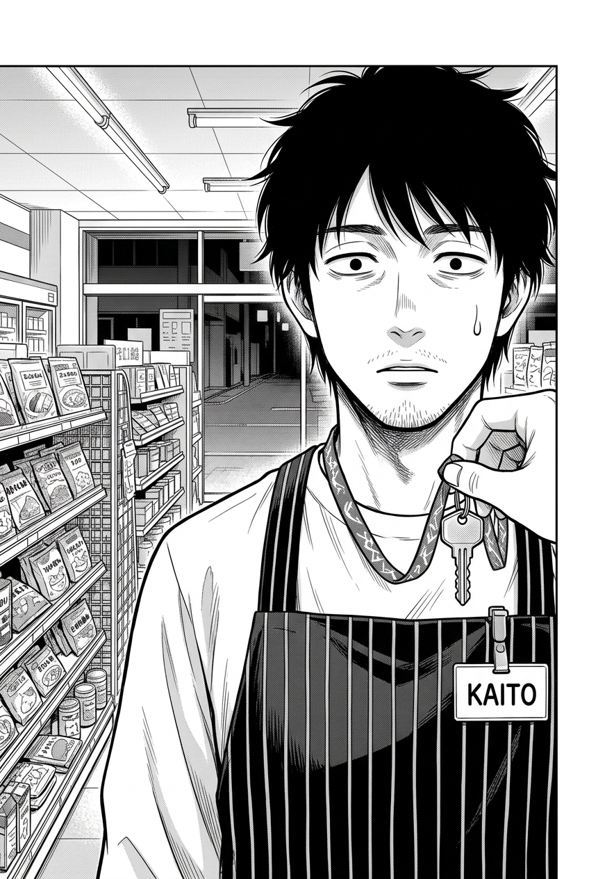 Kaito, a man with messy black hair and eyebags, wearing a striped apron with a nametag that reads KAITO, stares blankly as a hand holds a house key attached to a patterned lanyard in front of his face, with a bead of sweat on his temple, while behind him are shelves of products and a convenience store exterior at night.