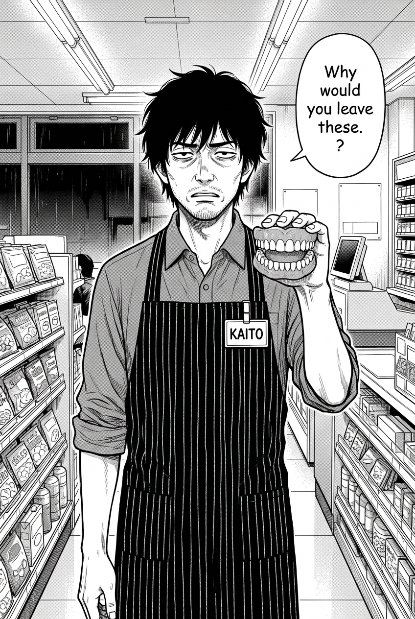 Kaito, wearing a striped apron, holds a set of dentures out in front of him with a disgusted expression in a convenience store.