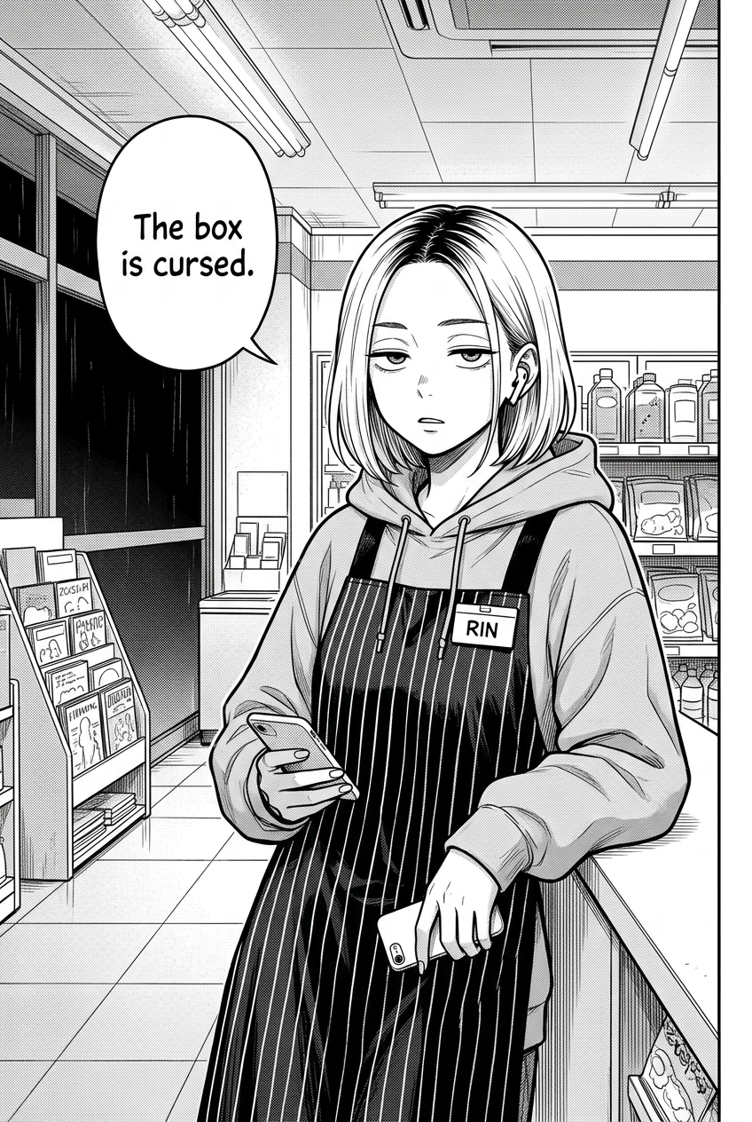 Rin, a young woman with a light bob and dark roots, stands in a convenience store, leaning against a counter with a bored expression, holding a phone in one hand. She wears a striped apron over a hoodie, with a nametag that reads "RIN" and a wireless earbud in one ear. A window showing rain outside is to her left, and shelves of items are visible behind her.