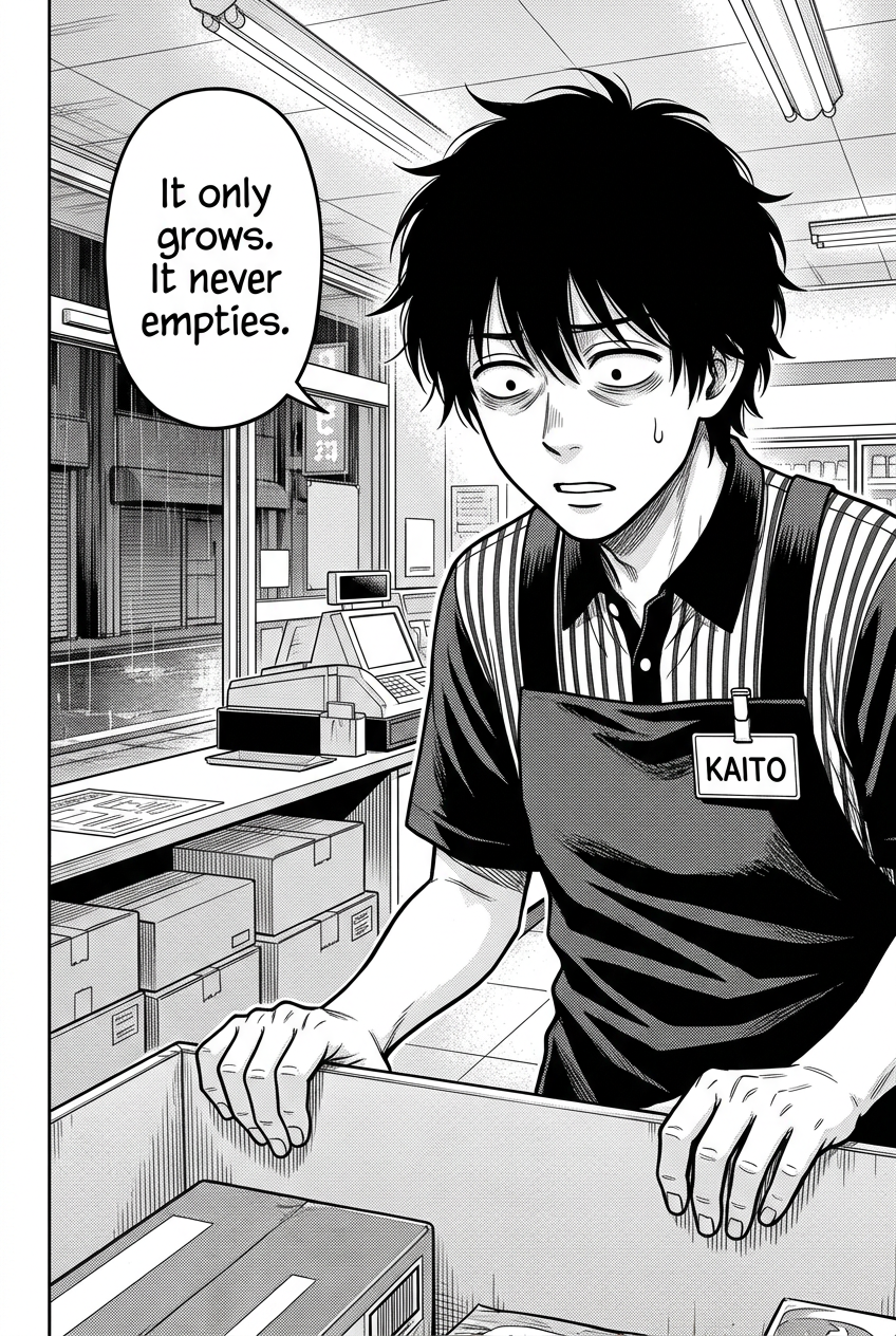 Kaito, a young man with dark, messy hair and visible eye bags, looks down into a cardboard box with a distressed expression while wearing a striped store apron with a name tag that reads "KAITO".